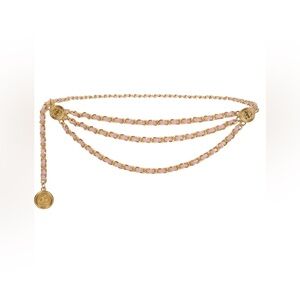 Fleur De Camélia Leather Triple Chain Belt In Pink And Gold